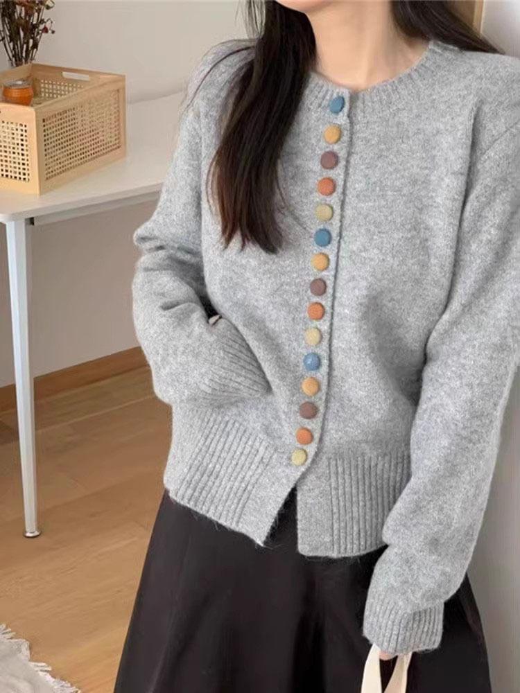 Crew Neck Plain Button-Up Slit Cardigan Product Image