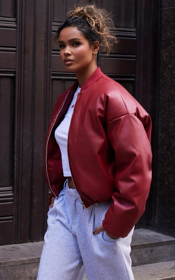 Cherry Red Faux Leather Oversized Bomber Jacket Product Image