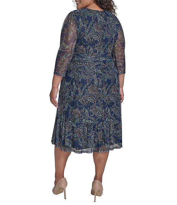 Jessica Howard Plus Size Floral Mesh Ruched Waist Midi Dress Product Image