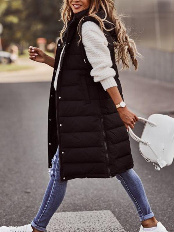Hooded Sleeveless Buttoned Drawstring Keep Warm Solid Color Split-Joint Zipper Padded Coat Vest Outerwear Product Image