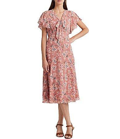 Lauren Ralph Lauren Floral Crinkle Georgette Tie-Neck Dress Multi) Women's Dress Product Image