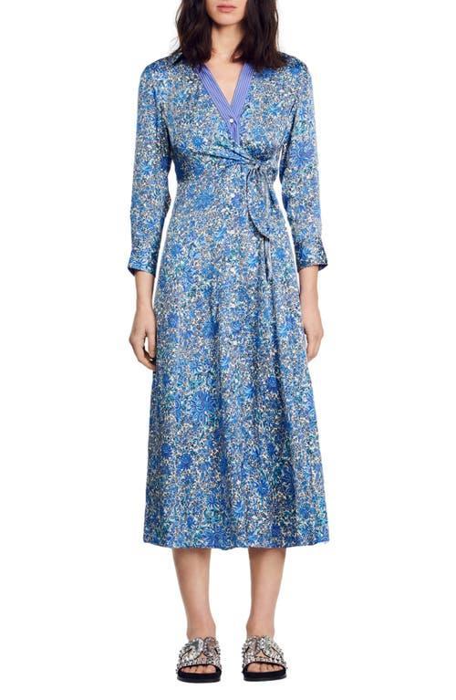 Sandro Satin Floral Wrap Midi Shirt Dress Product Image