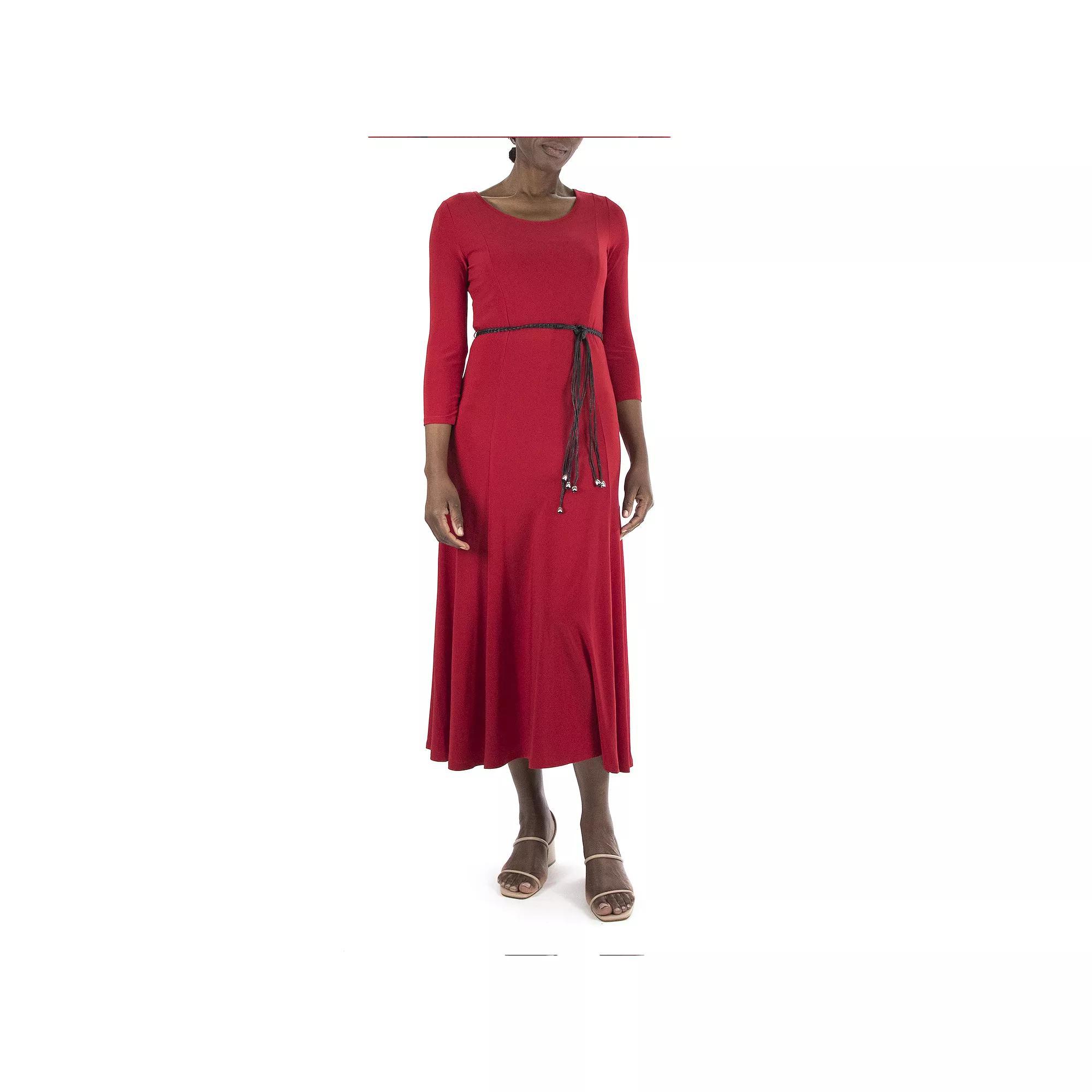 Women's Nina Leonard Three-Quarter Sleeve Belted Midi Dress,  Product Image