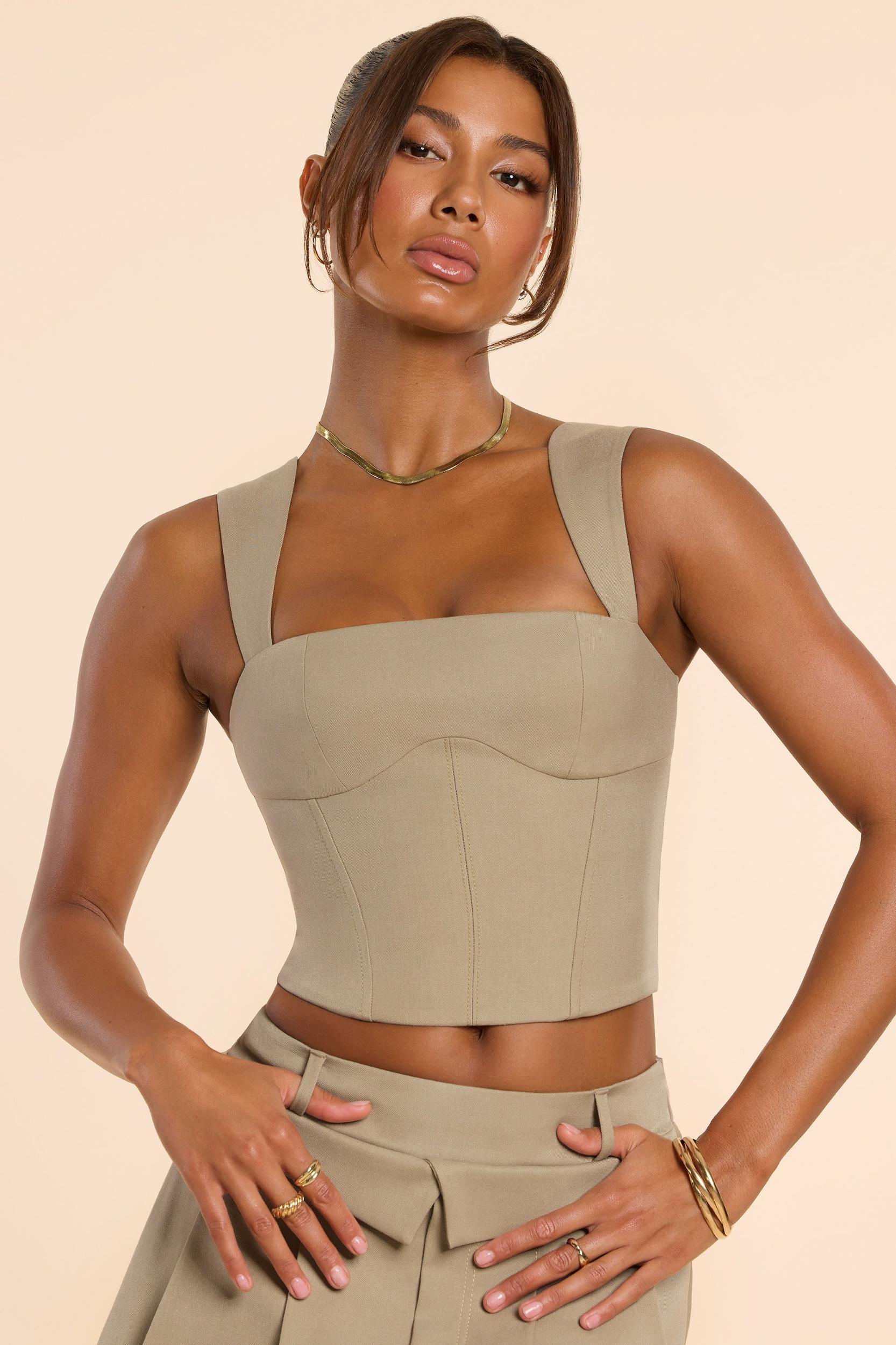 Brushed Twill Square Neck Tailored Top in Taupe Product Image