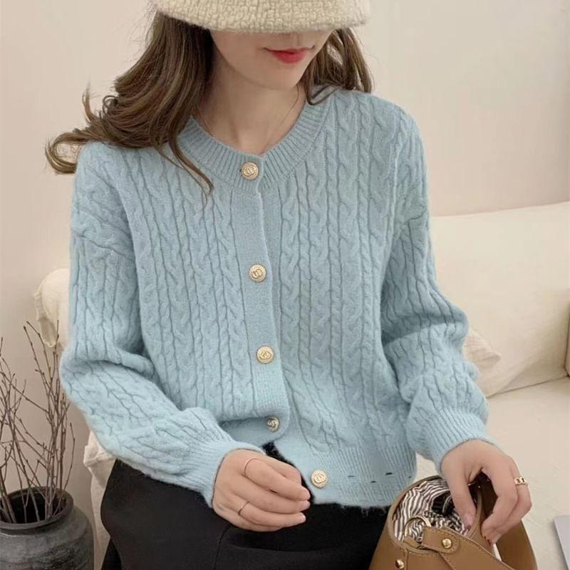 Round Neck Plain Cable Knitted Cardigan Product Image