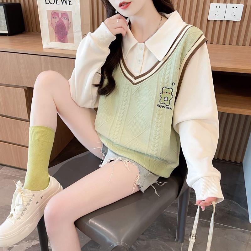 Collared Striped Bear Embroidered Mock Two Piece Button Pullover Product Image