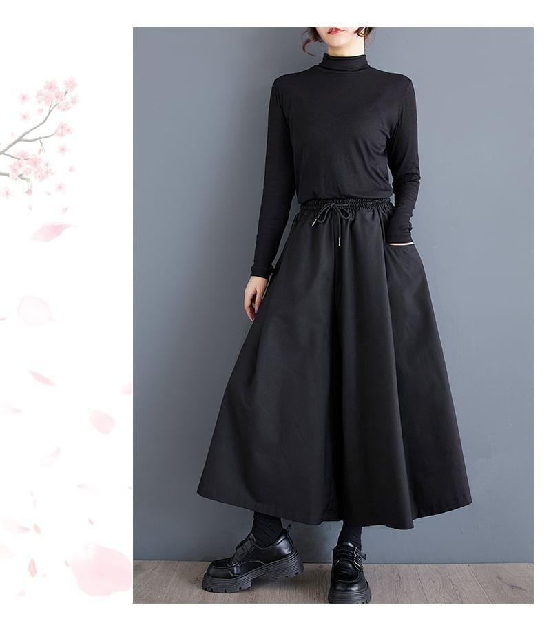 High Waist Plain Midi A-Line Skirt Product Image