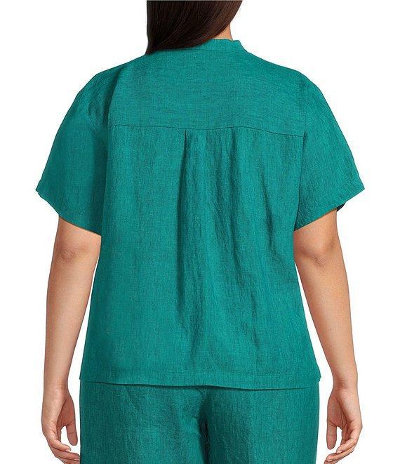 Eileen Fisher Plus Washed Organic Linen Mandarin Collar Short Sleeve Button Front Top Product Image