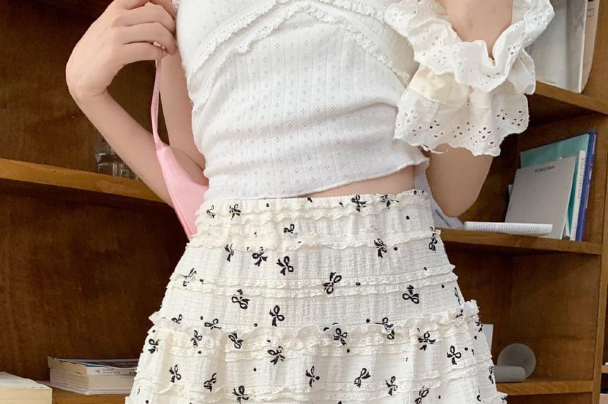 High Rise Bow Print Mini A-Line Skirt Product Image