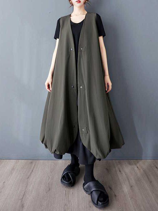 A-Line Loose Buttoned Pleated Pockets Solid Color V-Neck Midi Dresses Vest Outerwear Product Image