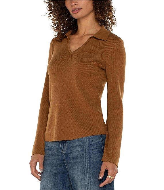 Liverpool Los Angeles Ribbed Collared V-Neck Long Sleeve Wool Blend Sweater Product Image