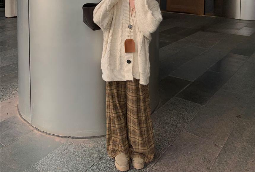 Oversized Cable-Knit V-Neck Cardigan / Plaid Wide-Leg Pants Product Image