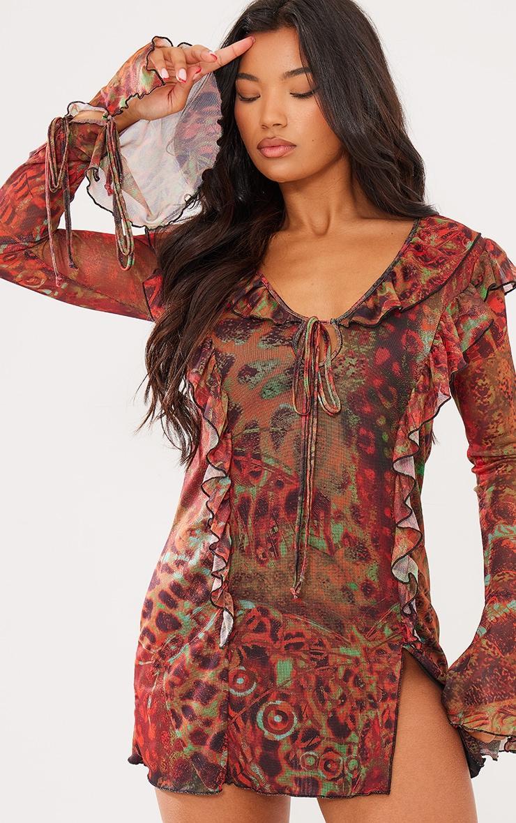 Brown Abstract Printed Double Mesh Long Sleeve Shift Dress Product Image