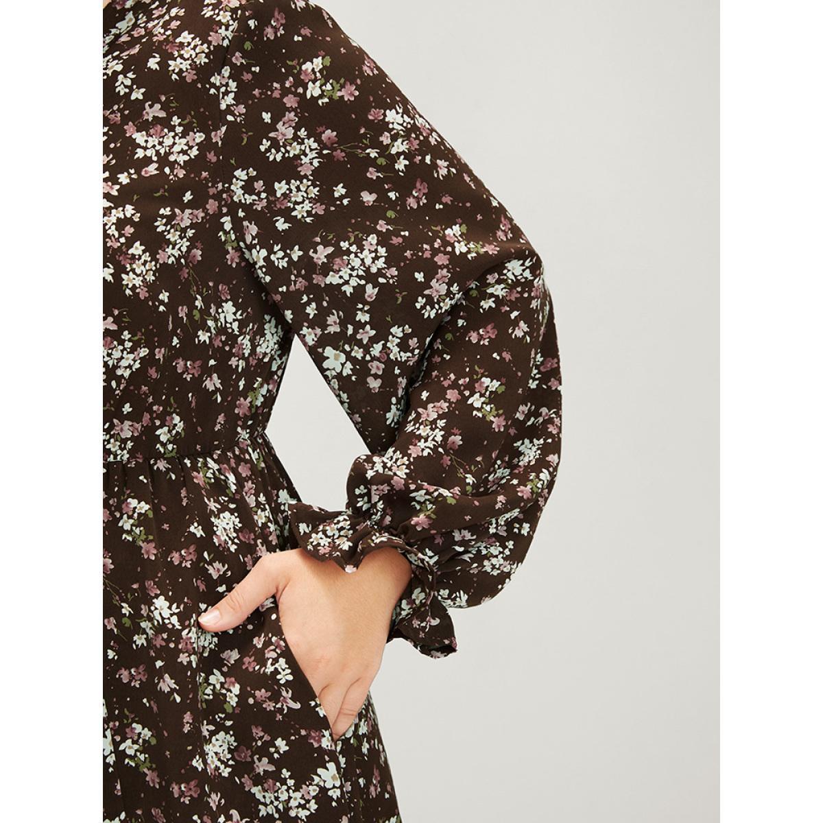 Plus Size Floral Split Pocket Lantern Sleeve Wrap Flutter Midi Dress DarkBrown Women Elegant Elastic Waist V-neck Long Sleeve Curvy Midi Dress BloomChic 30/6X Product Image