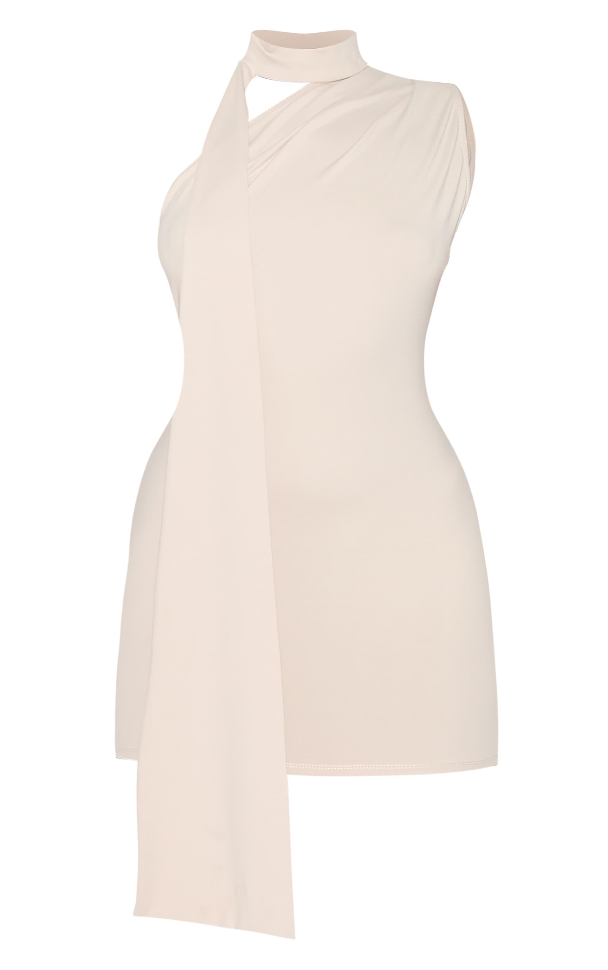 Cream Soft Touch One Shoulder Wrap Detail Mini Dress Product Image