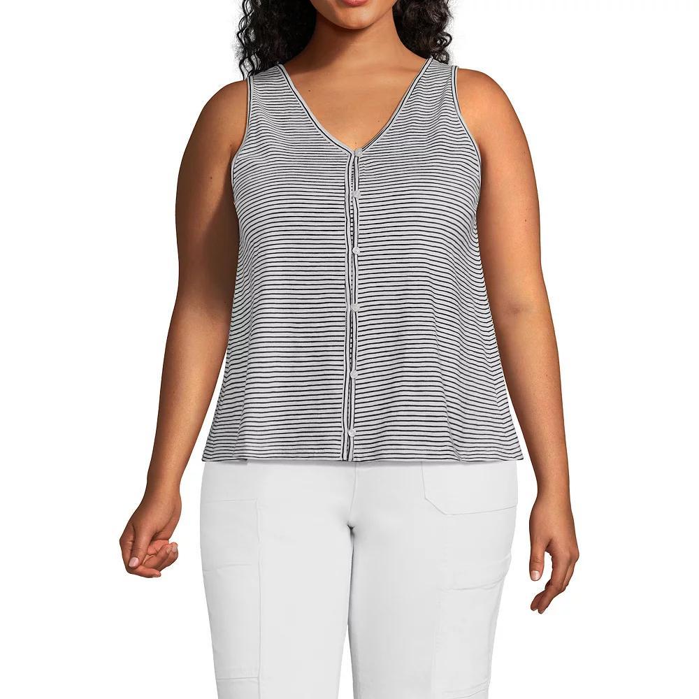 Plus Size Lands' End Slub Button Down Tank, Women's, Size: 1XL, White Black Stripe Product Image