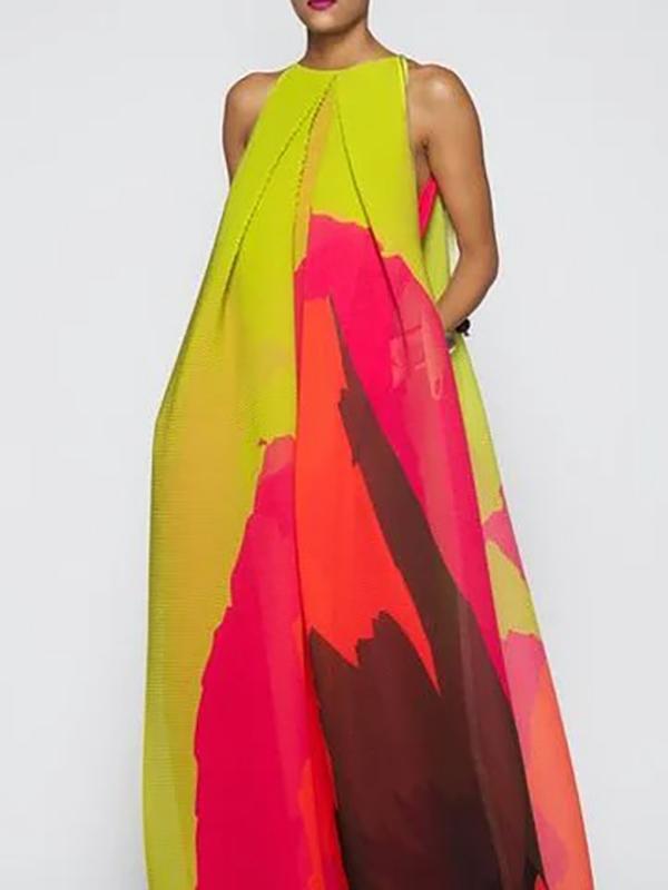 Loose Sleeveless Multi-Colored Round-Neck Maxi Dresses Product Image