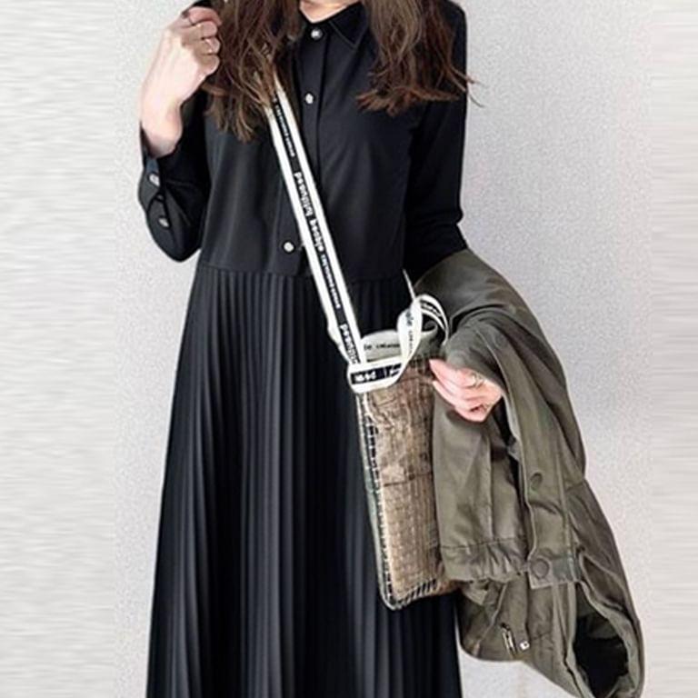 Long-Sleeve Collar Plain Button Accordion Pleated Midi A-Line Dress Product Image