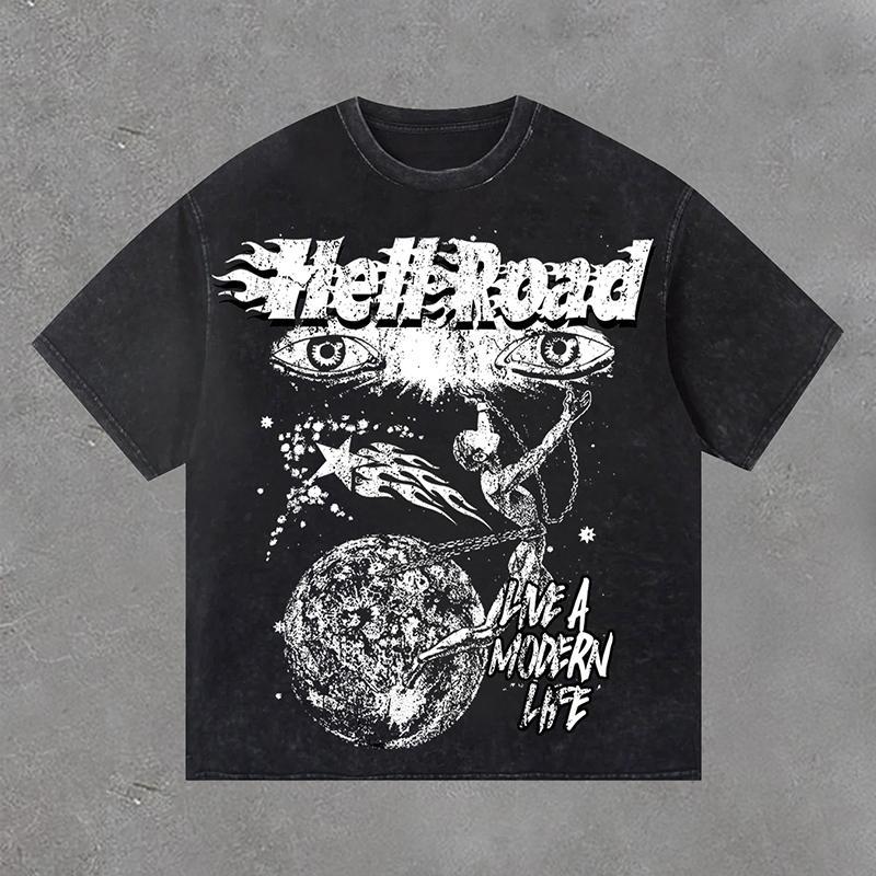 Hell Road Retro Portrait Earth Graphic Print Acid Washed T-Shirt Product Image