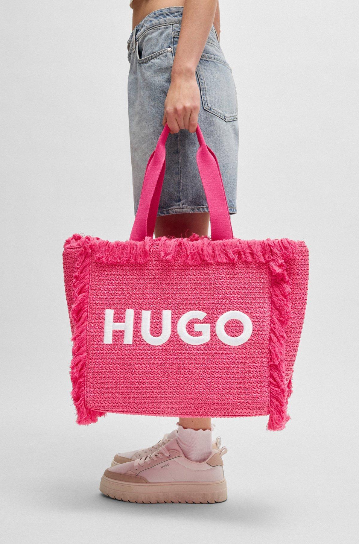 Logo-embroidered raffia-effect tote bag with fringe trims Product Image