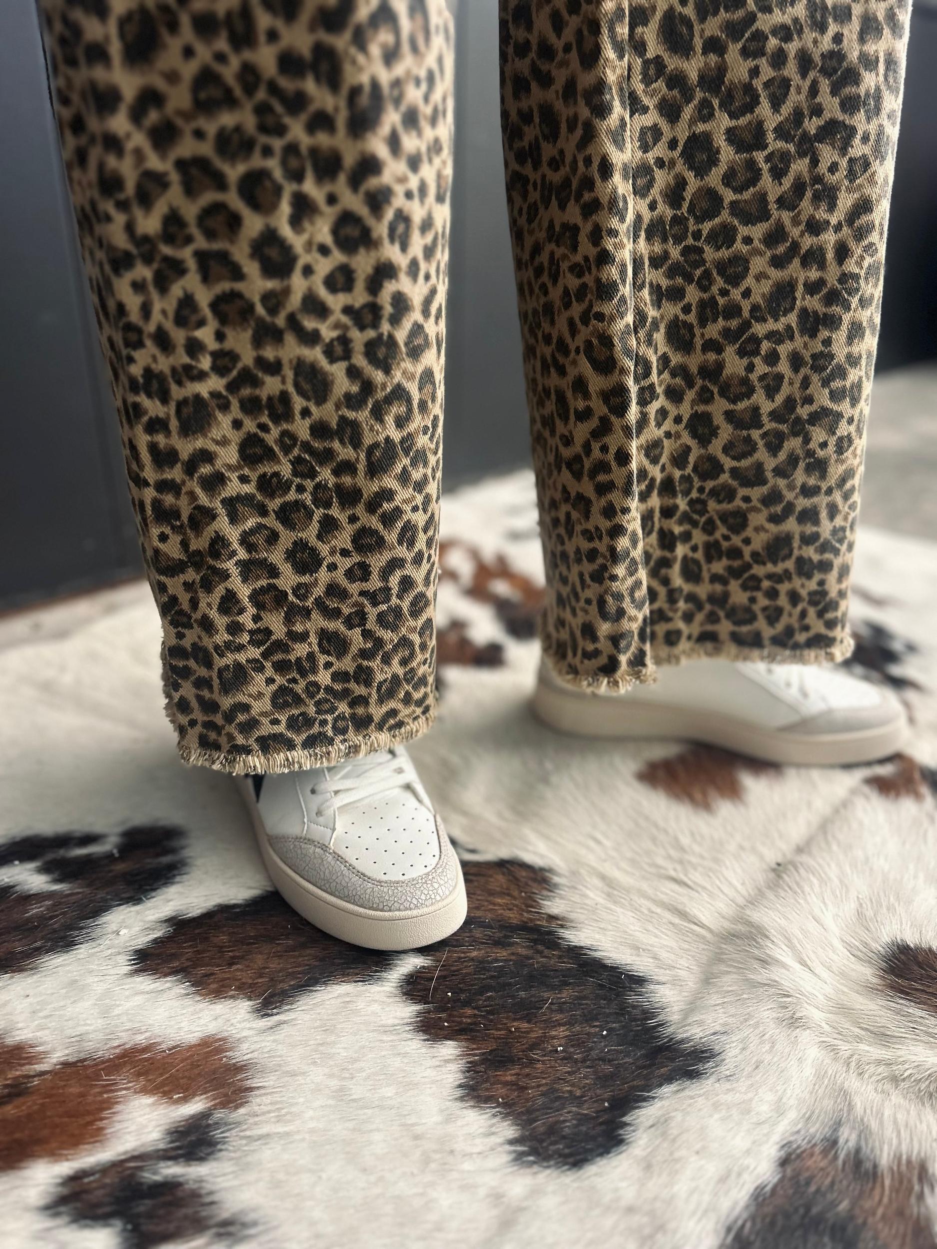 High Rise Leopard Twill Frayed Hem Wide Leg Pants* Product Image