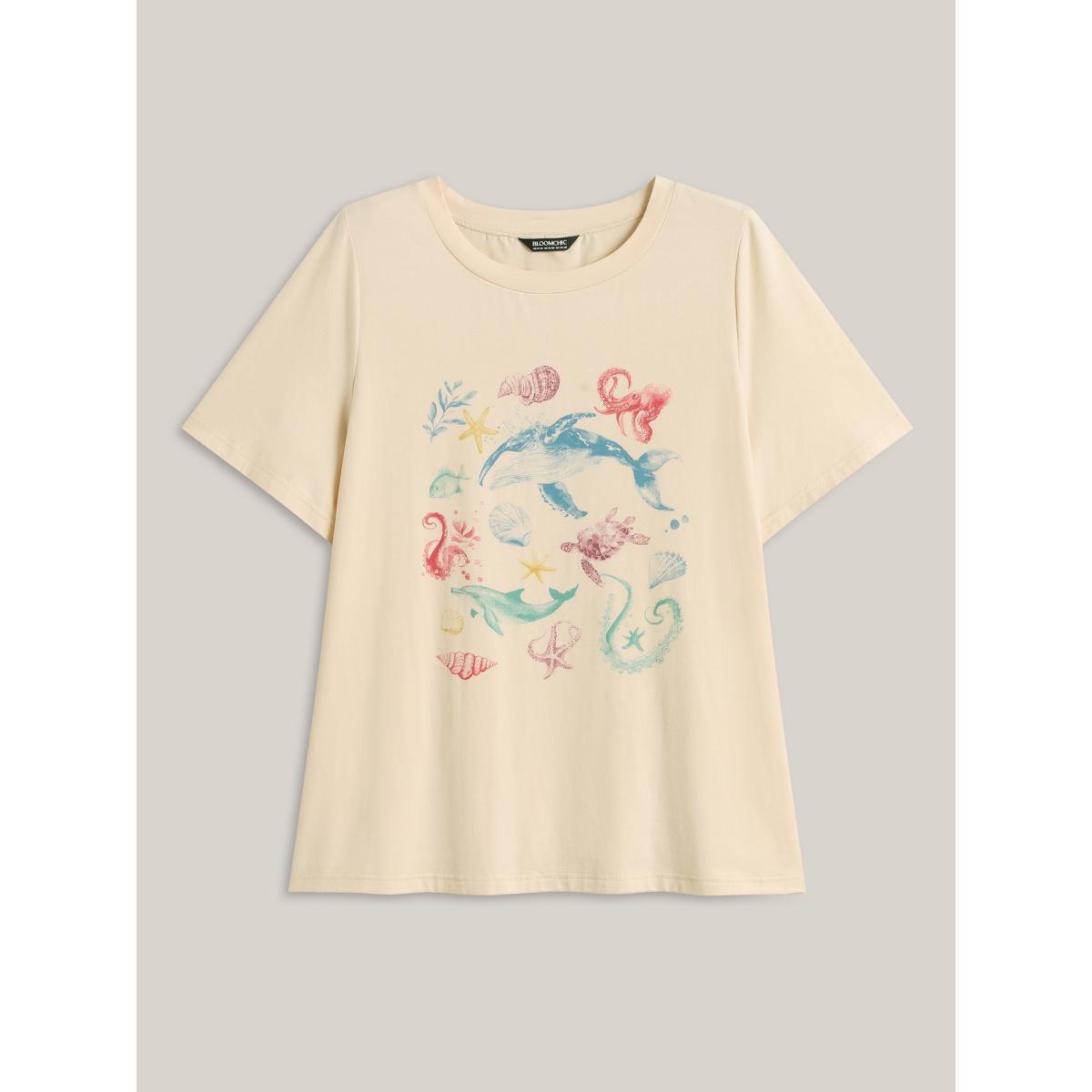 Plus Size Ocean Print Round Neck Fitted T-Shirt Ivory Women Non Marine Round Neck Everyday-Casual T-shirts BloomChic 12/L Product Image