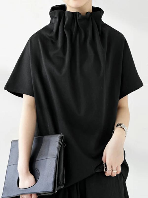 Loose Short Sleeves Solid Color Stand Collar T-Shirts Tops Product Image