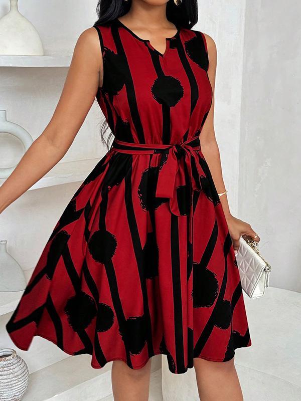 A-Line Loose Contrast Color Tied Waist Round-Neck Mini Dresses Product Image
