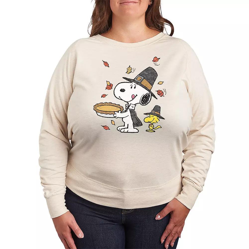 Plus Size Peanuts Snoopy & Woodstock Thanksgiving French Terry Long Sleeve Tee, Women's, Size: 1XL, Beige Product Image