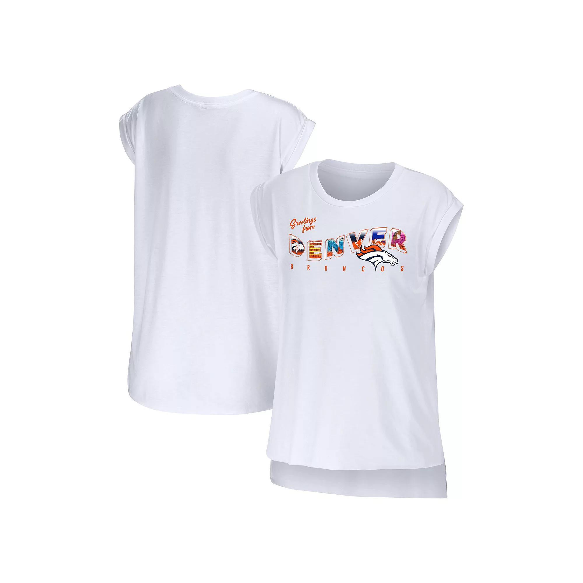 Women's WEAR by Erin Andrews White Denver Broncos Greetings From Muscle T-Shirt,  Product Image