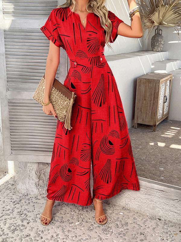 High Waisted Loose Buttoned Contrast Color V-Neck Jumpsuits Product Image