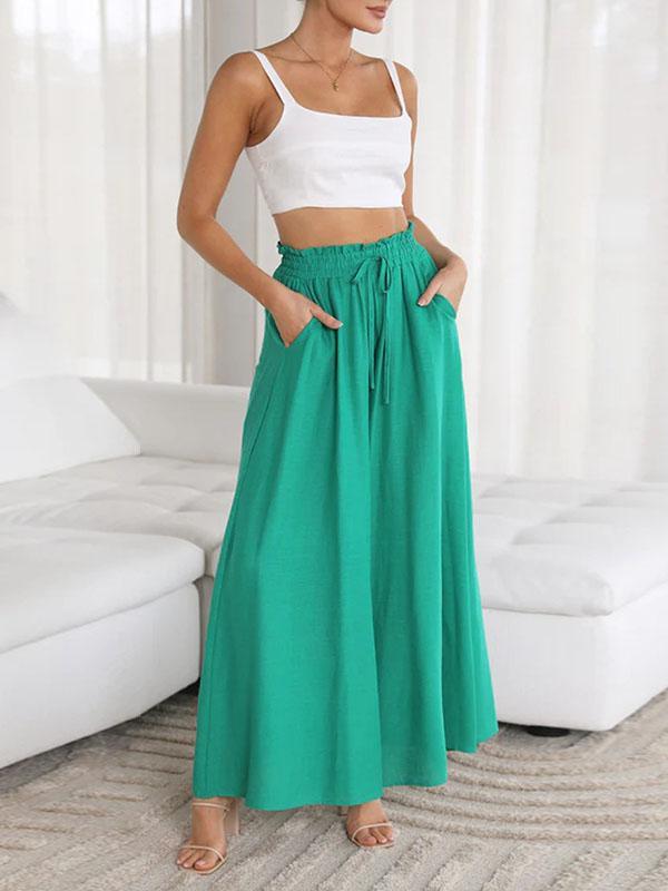 High Waisted Loose Drawstring Elasticity Pockets Solid Color Pants Trousers Product Image