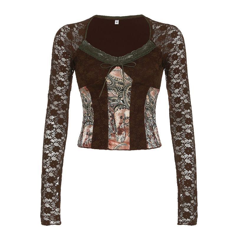 Long-Sleeve V-Neck Print Crop Top Product Image