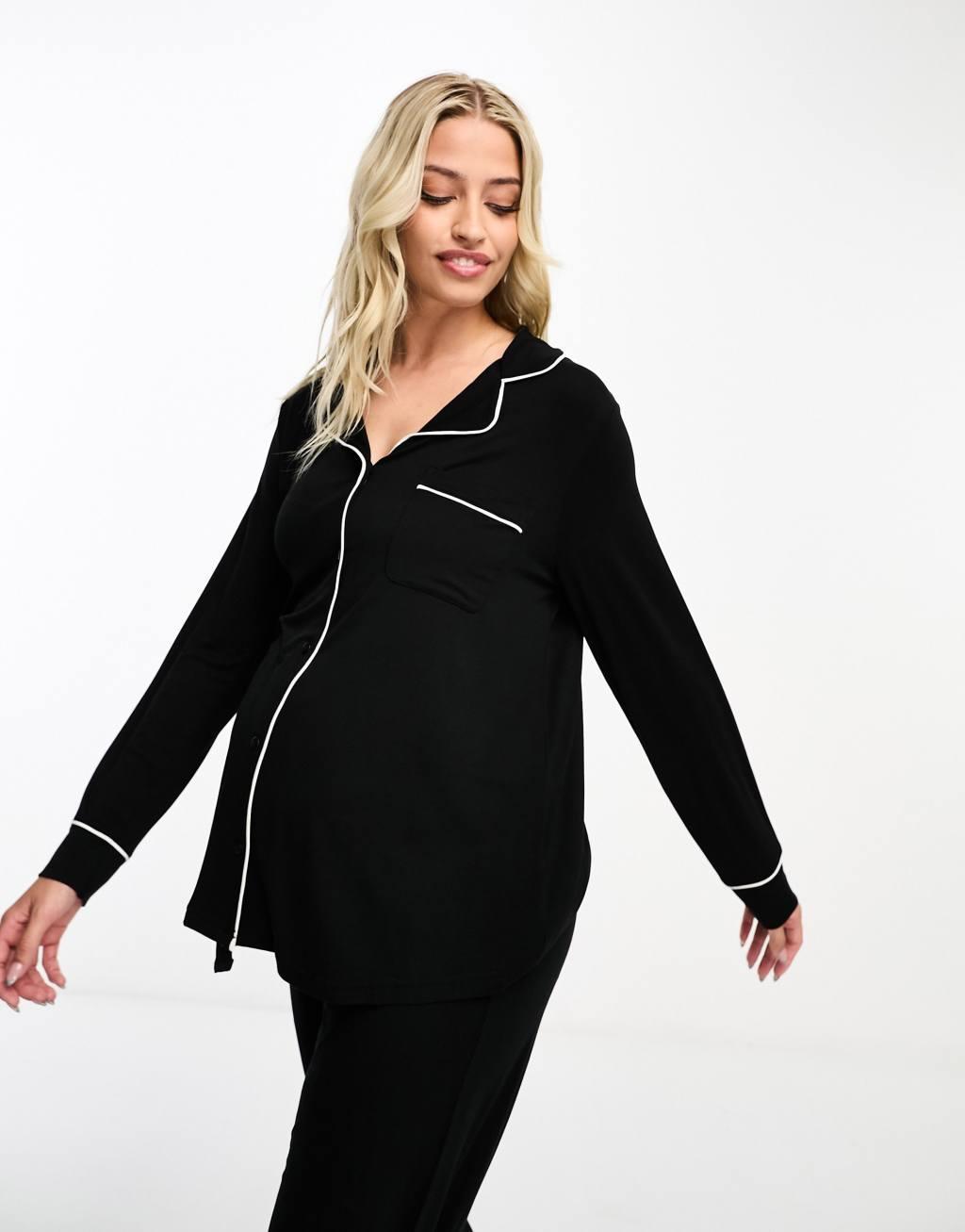 ASOS DESIGN Maternity super soft long sleeve shirt & pants pajama set with contrast piping in black Product Image