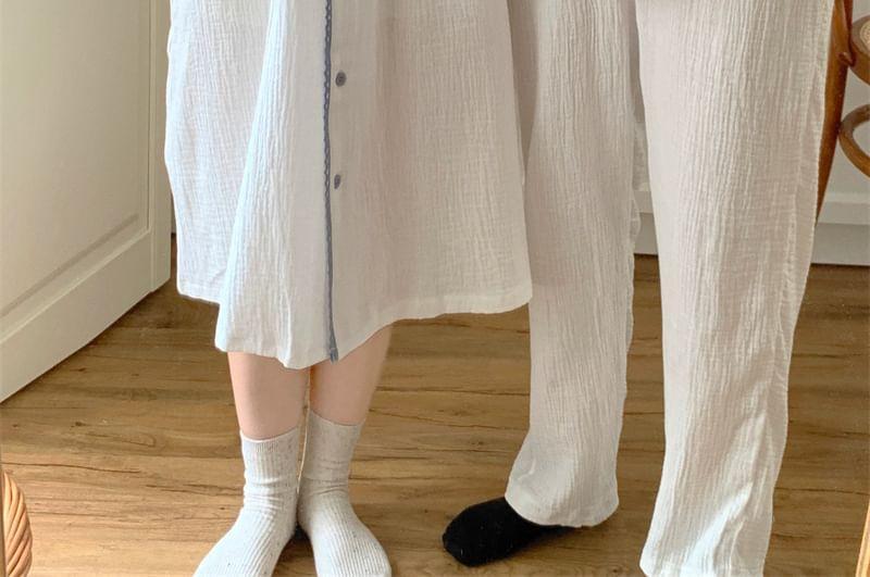 Couple Matching Long Sleeve Contrast Trim Button Pajama Top / Straight Leg Pants / Pajama Dress / Set (Various Designs) Product Image