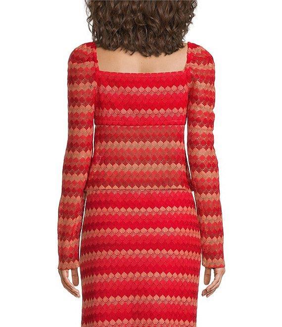 Chelsea & Violet Coordinating Ally Tie Front Square Neck Long Sleeve Chevron Print Crochet Blouse Product Image