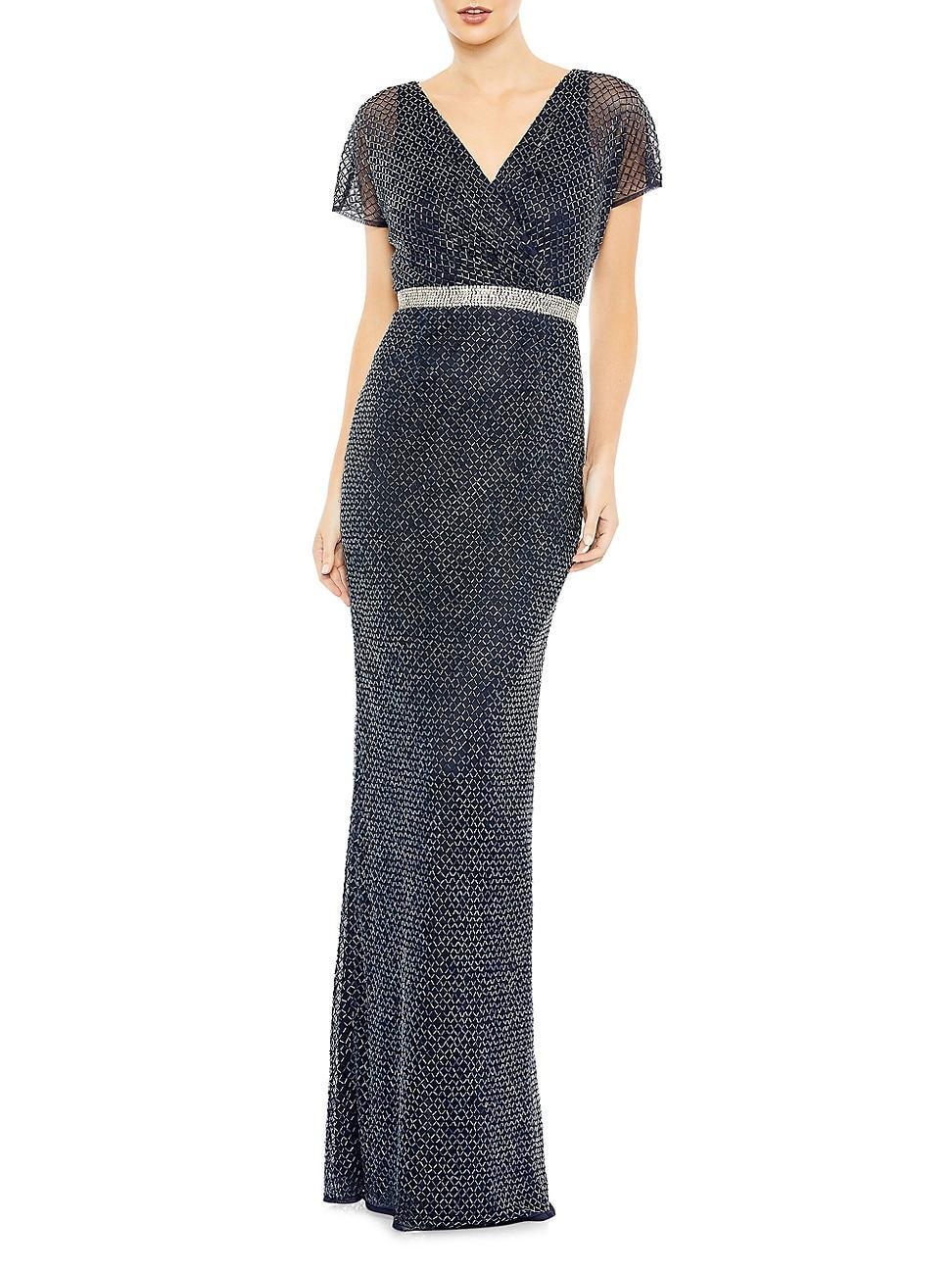 Womens Beaded V-Neck Column Gown Product Image