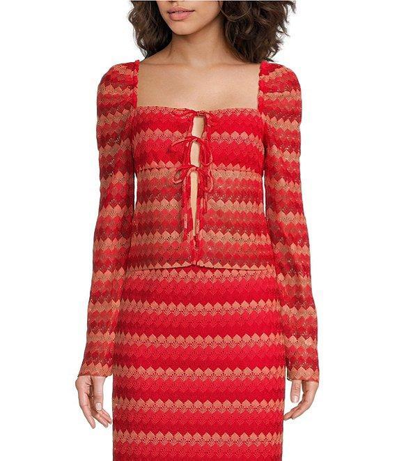 Chelsea & Violet Coordinating Ally Tie Front Square Neck Long Sleeve Chevron Print Crochet Blouse Product Image