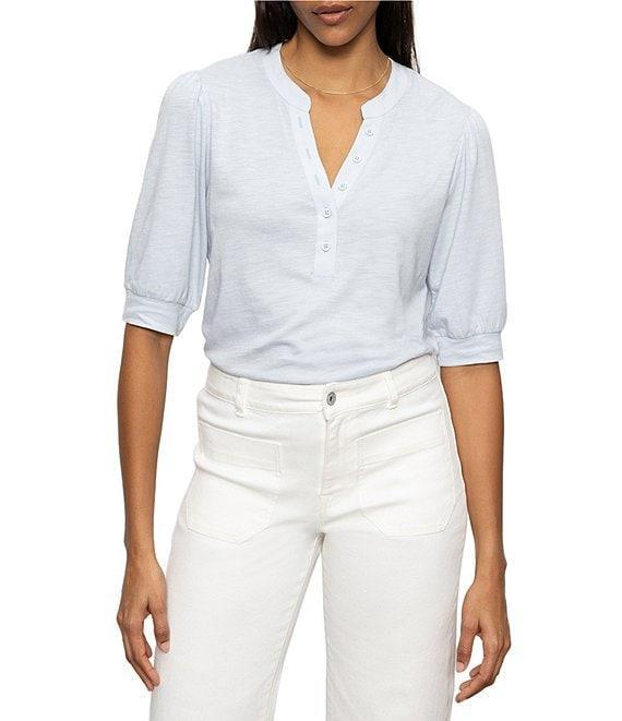 Sanctuary Mixed Media V-Neck Short Sleeve Front Button Tee Product Image