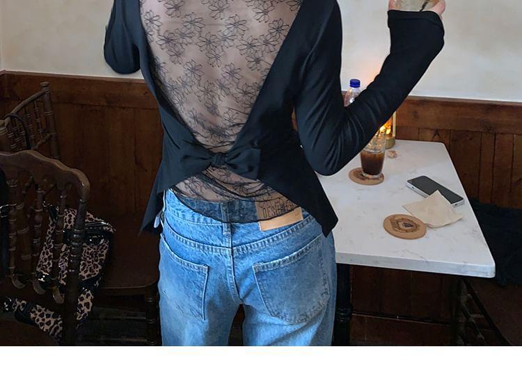 Long Sleeve Boat Neck Plain Bow Panel Lace Top Product Image