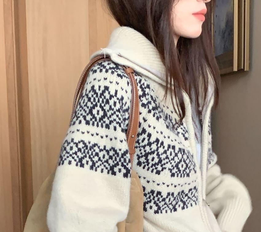 High Neck Jacquard Zip-Up Cardigan Product Image