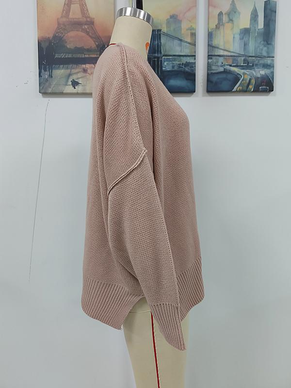 Casual Long Sleeves Loose Split-Side Solid Color Round-Neck Sweater Tops Product Image