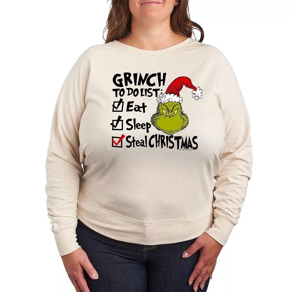 Plus Size Dr. Seuss The Grinch To Do List French Terry Long Sleeve Tee, Women's, Size: 2XL, Beige Product Image