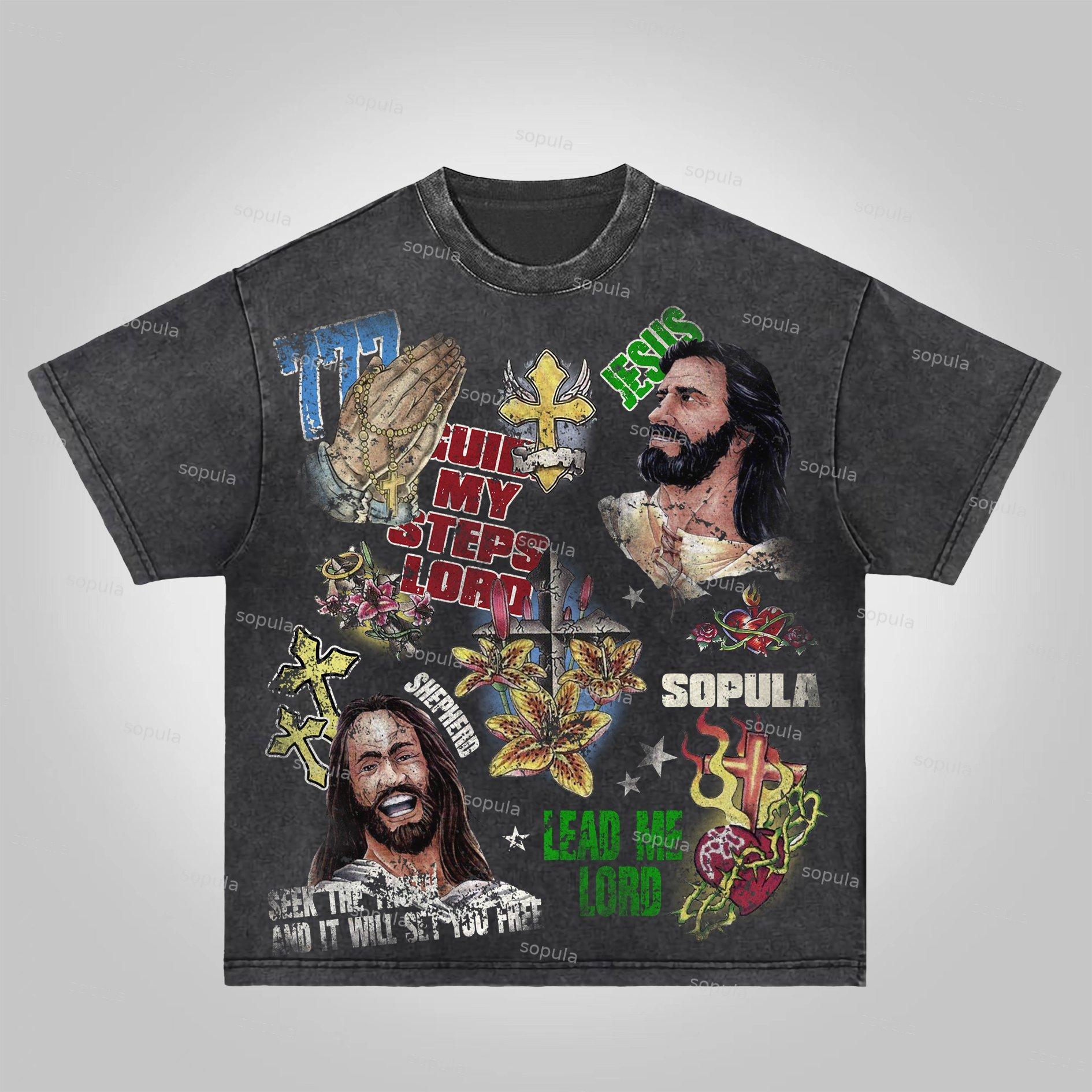 Sopula Jesus Collage Vintage Graphics Acid Washed T-Shirt Product Image