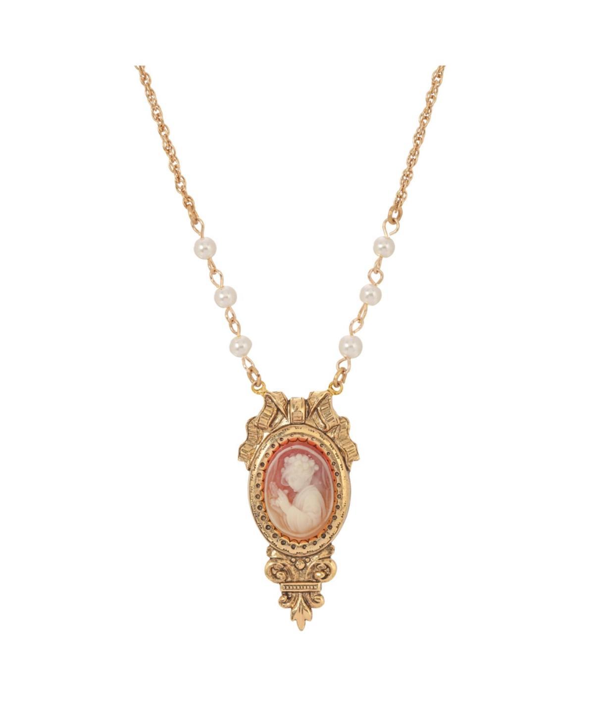 1928 Gold Tone Simulated Pearl Cameo Necklace, Womens Orange Product Image