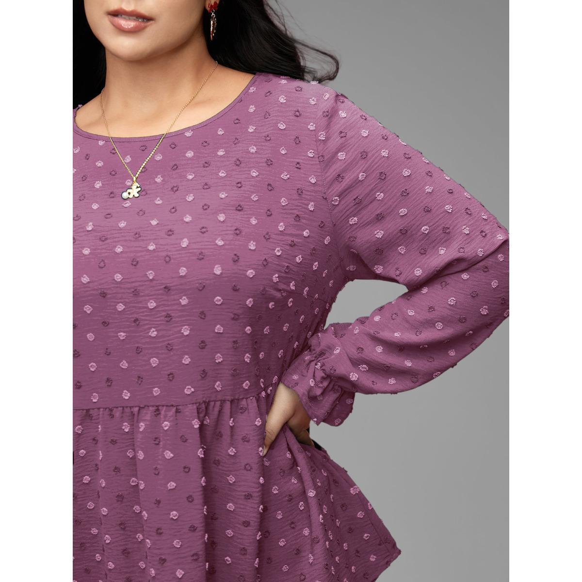 Plus Size Stone Textured Dot Elastic Cuffs A-line Blouse Women Leisure Long Sleeve Round Neck Casual Blouses BloomChic 10/M Product Image