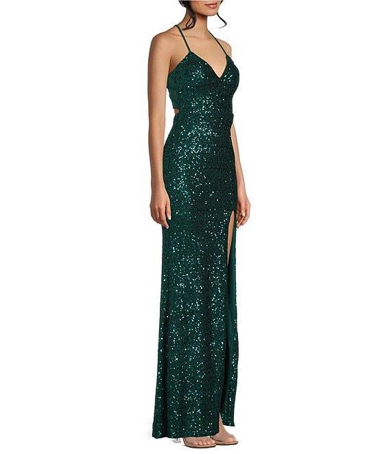 Honey and Rosie Sequin V-Neck Spaghetti Strap Mesh Back Front Slit Gown Product Image