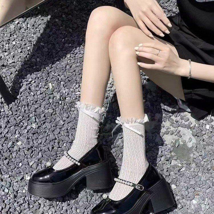 Cap Toe Bow Platform Chunky Heel Mary Jane Pumps Product Image