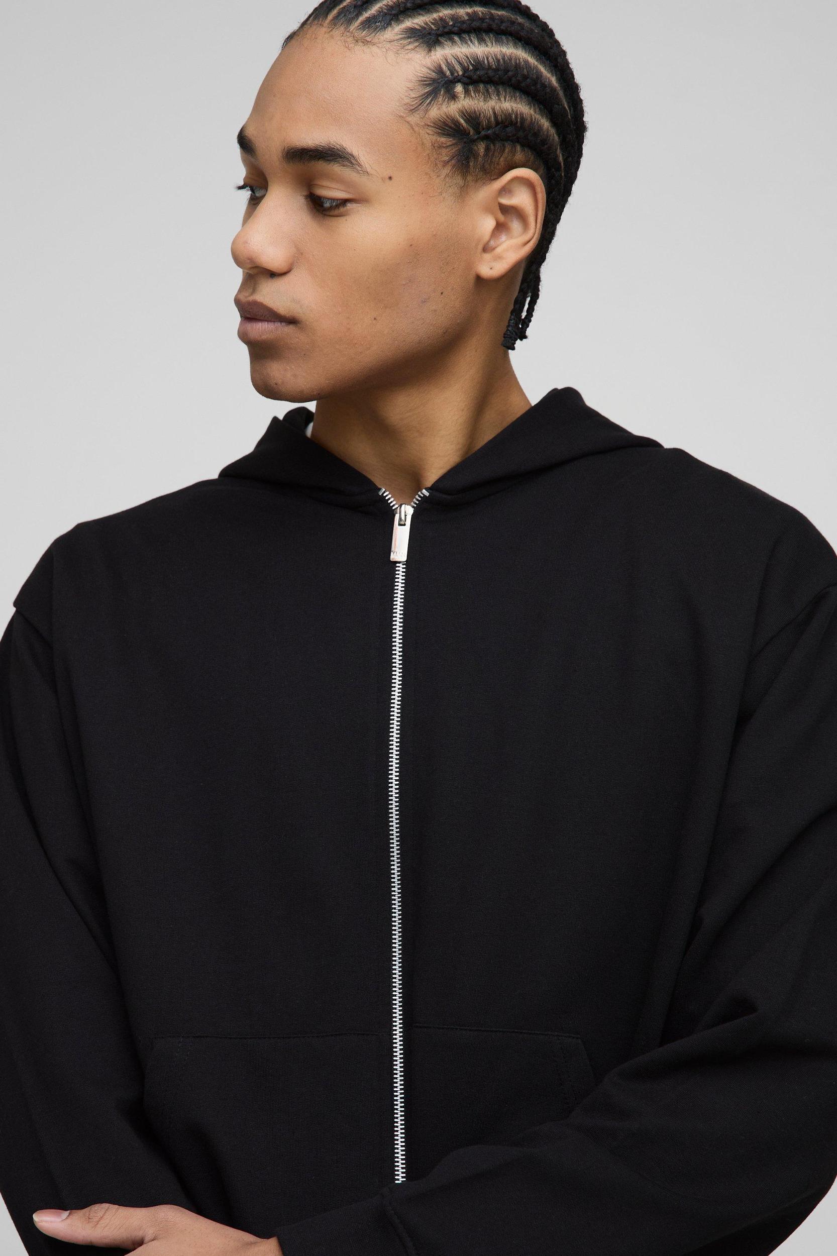 260GSM Loopback Basic Oversized Boxy Zip Through Hoodie | boohooMAN USA Product Image