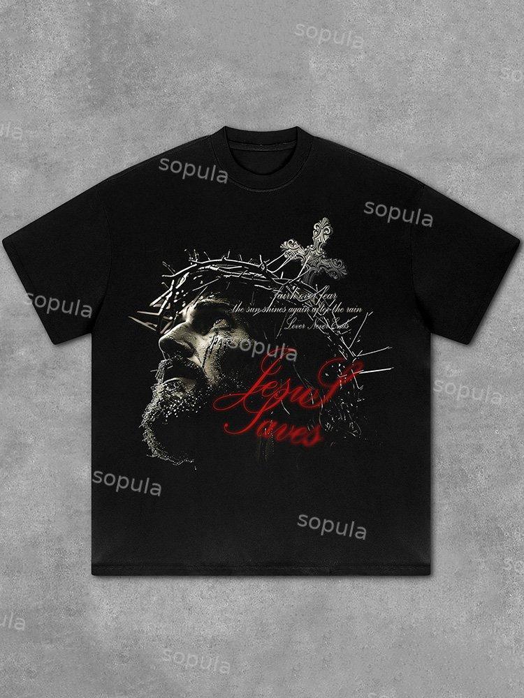Sopula Retro Jesus Cross Faith Graphic Print Cotton T-Shirt Product Image